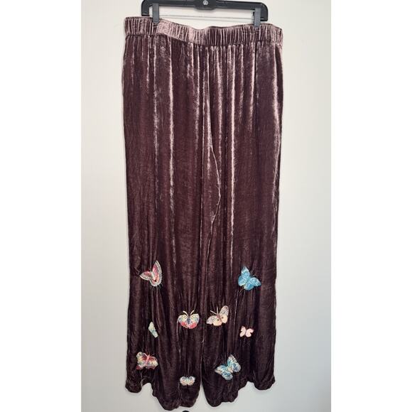 Johnny Was Luciana Coffee Bean Velvet Embroidered Wide Leg Pants NWT XL Boho Y2K - Picture 10 of 13